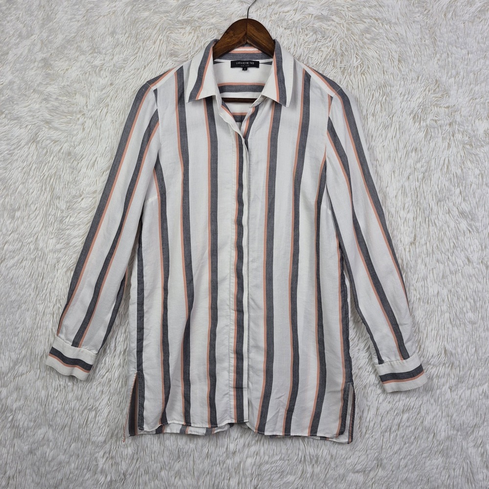 Lafayette‎ 148 New York Striped Tencel Linen Blend Button Up Shirt Small